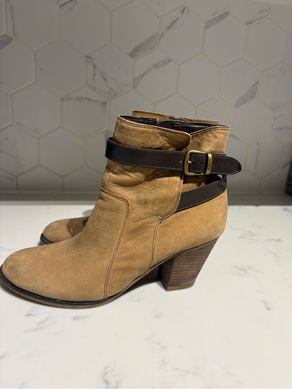 Franco Sarto Tan Leather Ankle Boots with Dark Brown Strap